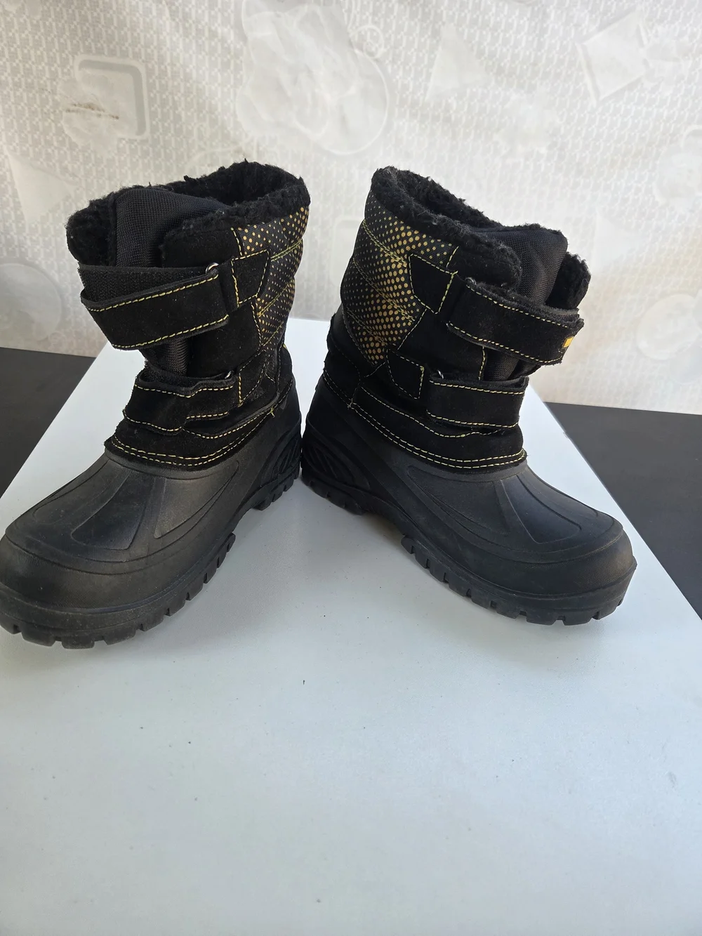 Khombu Kids Black Snow Boots with Yellow Stitching